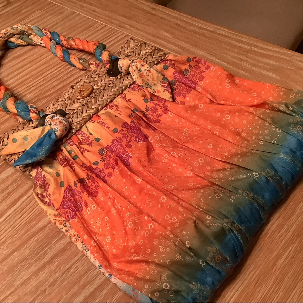 Boho Tie-Dye Orange & Blue Straw-Trim Women’s Shoulder Bag